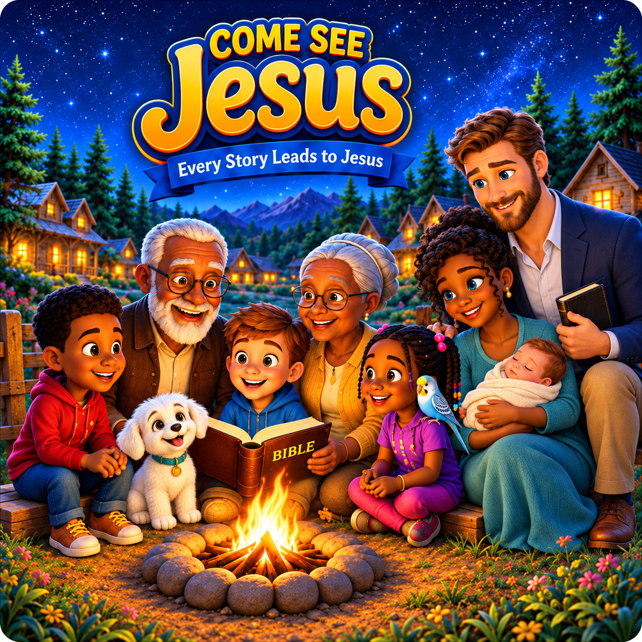 Come See Jesus — Every Story Leads to Jesus. The complete family, including Israel, Grace and baby Eliel, gathered around the Bible by a campfire with Muna the puppy and Lala the bird.