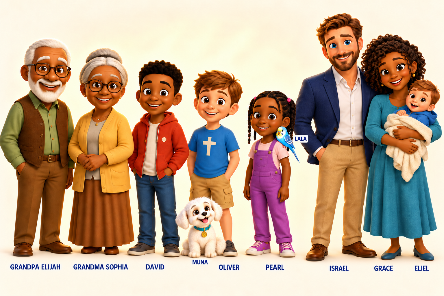 The Come See Jesus family: Grandpa Elijah, Grandma Sophia, David, Oliver, Pearl, father Israel, mother Grace and toddler Eliel, with Muna the puppy and Lala the bird