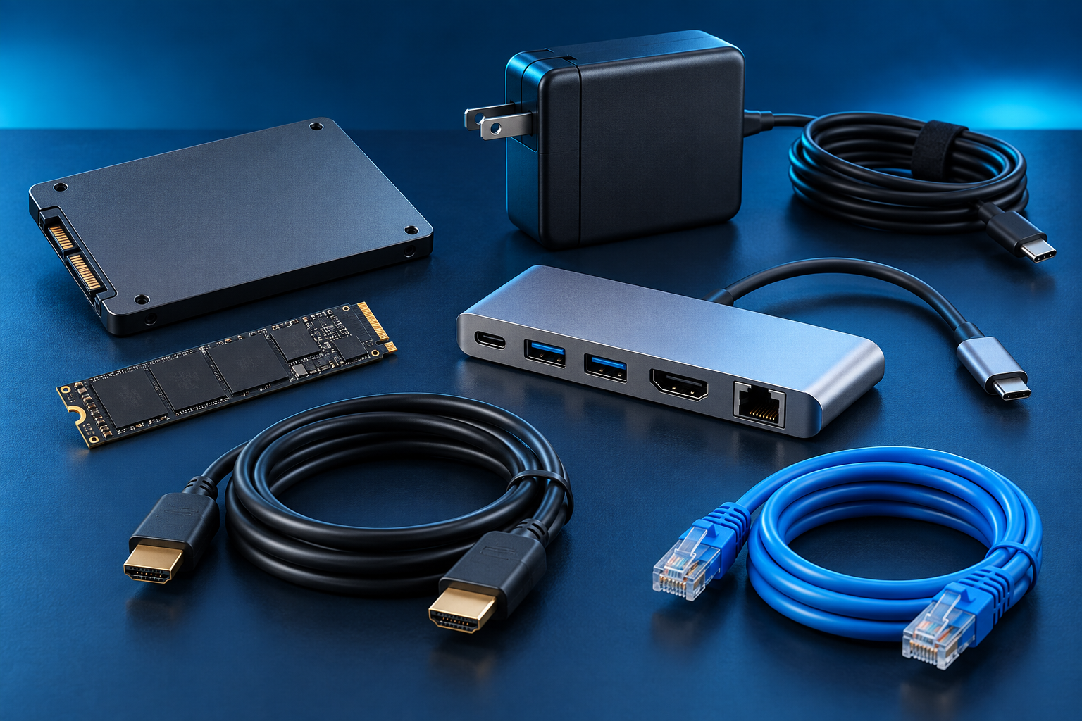SSDs, USB-C adapter, charger and HDMI and ethernet cables