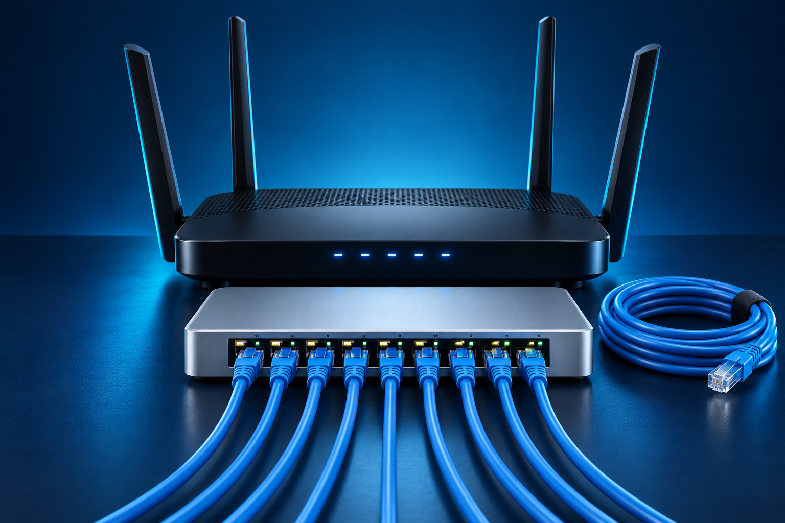 Router, ethernet switch and network cabling